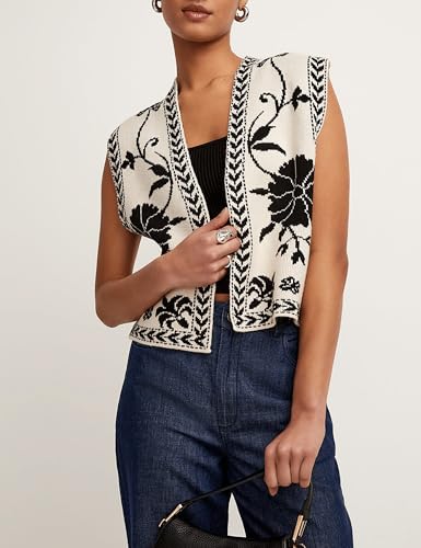 Womens Floral Sleeveless Sweater Vest Boho Printing Cropped Casual Knit Cardigan Top2
