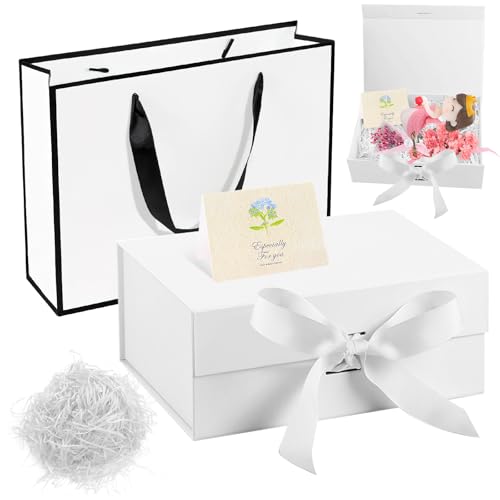 GTNCE Large Gift Box with Lid White 31.5x26x10CM Magnetic Cardboard Gift Box Christmas Gifts Bags with Handles Ribbon Empty Gift Boxes for Presents Square Wedding Birthday with Card Shredded Paper