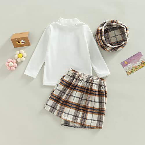 Fepege Kids Baby Girl Clothes Bear Embroidery Long Sleeve Pullover Top + Plaid Skirt + Hat 3Pcs Toddler Outfits Sets (White, 5-6 Years) #TOP2