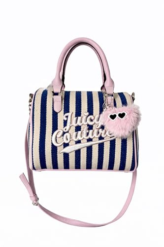 Juicy Couture Free To Be Juicy Speedy Satchel Blue Stripe Top Handle Handbag with Crossbody Strap Embroidered Logo Pink Pom-Pom Charm