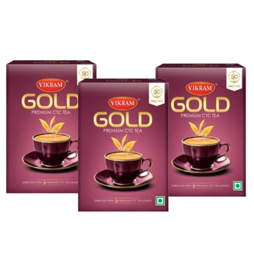 Image of VIKRAM Gold Premium CTC Tea | Blended With 5 Unique Types Of Leaves From Upper Assam And Enriched With Orthodox Tea Leaves | Rich & Aromatic Chai | Premium | 250g x Pack of 3