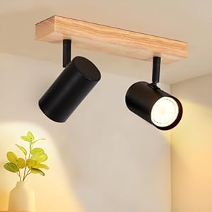 Glitzerlife Deckenstrahler 2 Flammig Deckenlampe Holz - Flurlampe Deckenspots GU10 Deckenleuchte Schwarz 350° Schwenkbar Industrial Retro Wandstrahler für Wohnzimmer Schlafzimmer Küche Esszimmer