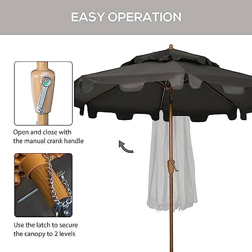 Outsunny 9' Patio Umbrella With Push Button Tilt And Crank, Double Top Ruffled Outdoor Market Table Umbrella With 8 Ribs, For Garden, Deck, Pool, Gray #TOP4