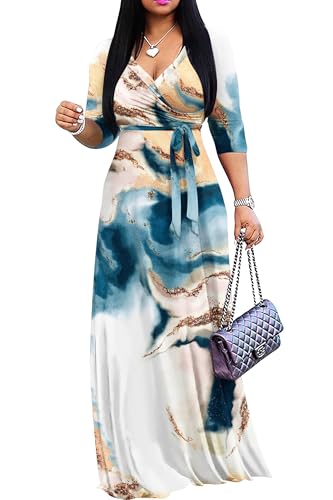 Image of FANDEE Plus Size Maxi Dress for Women Casual Summer Sundress V-Neck 3 /4 Sleeve