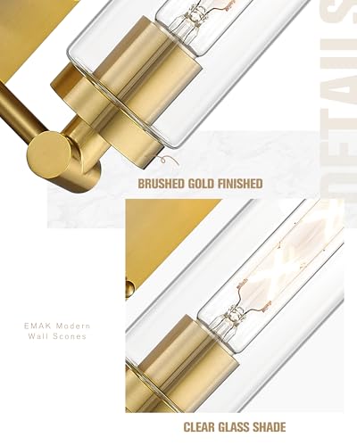 Image of Emak Wall Sconces Set of Two, Modern Brushed Gold Sconce with Clear Glass Shade, Bathroom Lighting Fixtures for Mirror, Living Room, Bedroom, Gallery, WS086-BGD-CG-2PK