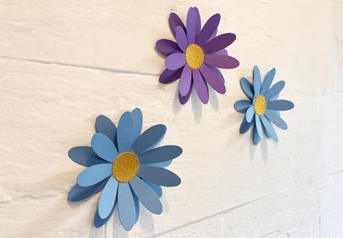 Image of Blue Daisy Flowers Paper Decoration. Included 18 Paper Flowers, Needle, 10 feet Satin Ribbon for Flower Garland and Sticky Foam Squares for Wall Decor.