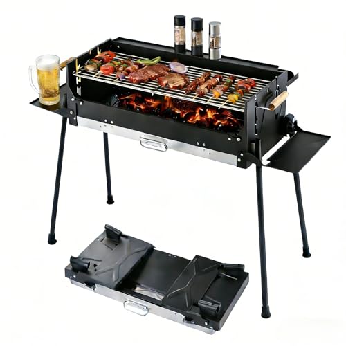CHUCII Folding Barbecue Charcoal Grill, Outdoor Windproof Charcoal Grills with 3-Sided Storage Board and Frying Pan, Stainless Steel Large BBQ Stove for Backyard, Garden, Camping, Picnic, Party.