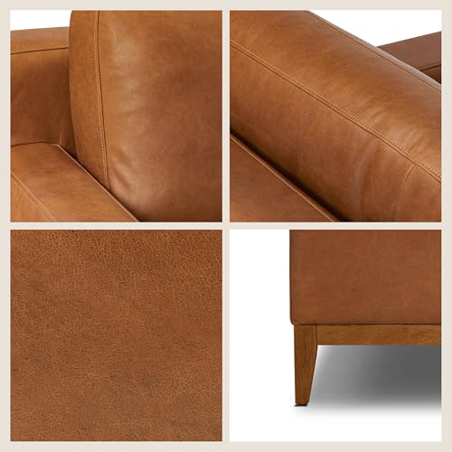 Image of POLY & BARK Zyon 90 inch Sofa - Saddle Tan Full-Grain Pure-Aniline Italian Leather, Feather-Down Cushions, Solid Wood Base & Legs, Mid-Century Modern Design