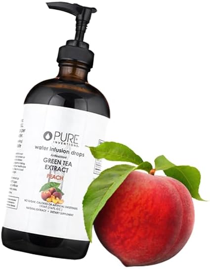Pure Inventions Extracto de té verde antioxidante, melocotón, gotas de infusión de agua, sin azúcar, calorías o edulcorantes artificiales, 500