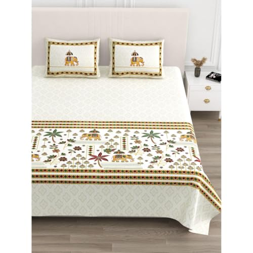 Image of 240 TC 100% Cotton Bedsheet for Double Bed King Size with 2 Pillow Covers | Breathable & Super Soft Rajasthani Sanganeri Jaipuri Printed Bed Sheet -100 * 108 Inches (Jaipuri Elephant 3)