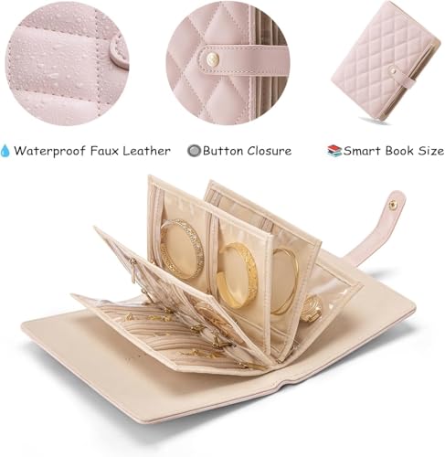Image of Dangfly Travel Jewelry Organizer Book - Waterproof Leather Foldable Case with Adjustable Ring Binder & Transparent Pouches for Necklaces, Earrings, Bracelets, Rings - Gift for Women (1Pcs)