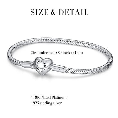 Forever Queen Snake Chain Bracelet 925 Sterling Silver Fit Charms, Signature Silver Charm Bracelet For Women Girls With Sparkling Cubic Zirconia Heart Clasp Charm, 8.3In/21Cm #TOP1