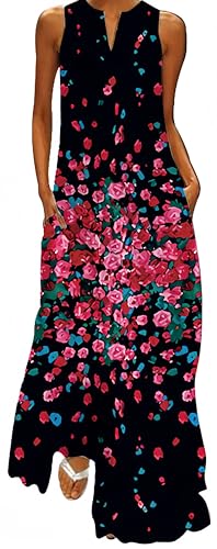 Ocean Plus Ärmellose Vintage Bedruckte Maxikleider mit V-Ausschnitt für Damen im Sommer Langes Kleid