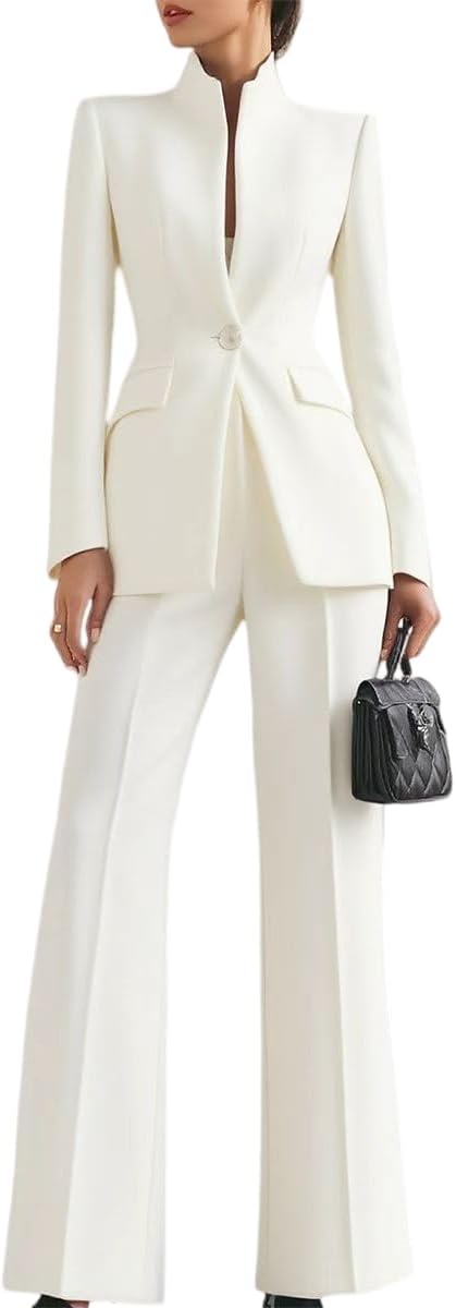 Women's Navy Stand Collar One-Button Blazer & Flare Pants Suit, Elegant Tailored Formal Business Two-Piece Set