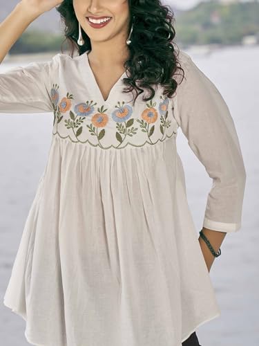 Image of Women's Viscose Cotton Embroidered Tunic Dress | Ethnic Motif 3 /4 Sleeve V-Neck Dress