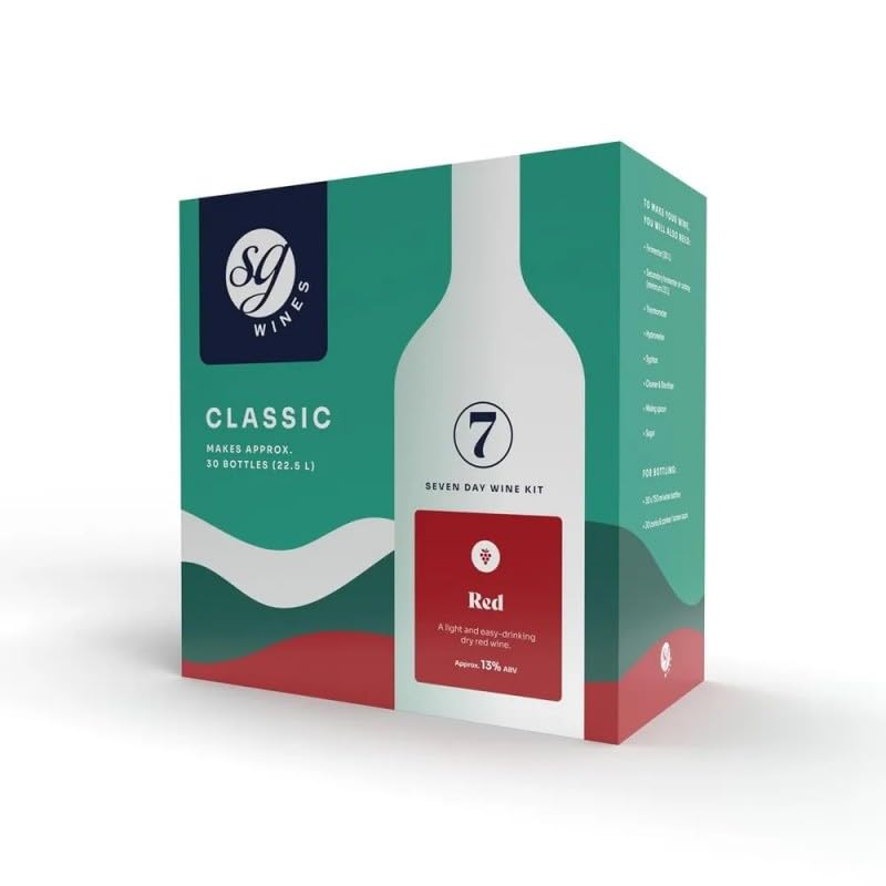 DIAH DO IT AT HOME SG Wines Classic Red 7-Day Wine Kit with Airlock - Makes 30 Bottles (22.5L) of Easy-Drinking Dry Red Wine - Approx. 13% ABV - Fast DIY Homebrew Ingredients Set