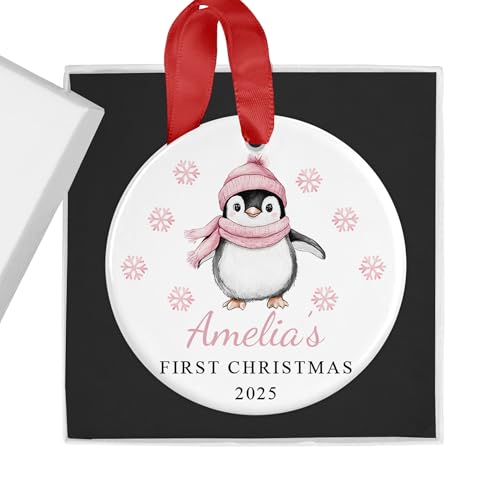 Personalised Baby Girl's First Christmas Bauble with Gift Box - Pink Penguin - Custom Name & Year - Ceramic Tree Ornament Decoration Keepsake Gift for My 1st Xmas