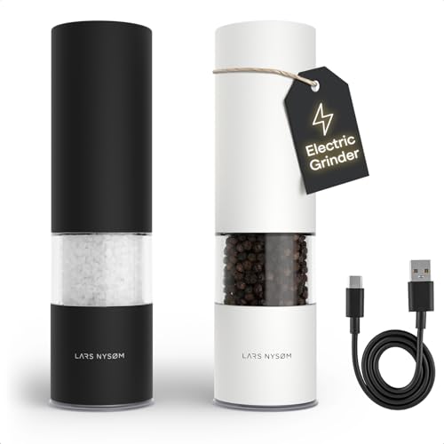 Image of LARS NYSOM Electric Salt and Pepper Grinder Set I Automatic Salt and Pepper Mills with Adjustable Ceramic Grinder I USB Rechargeable Electric Spice Mill Set with LED Light (Black /White)