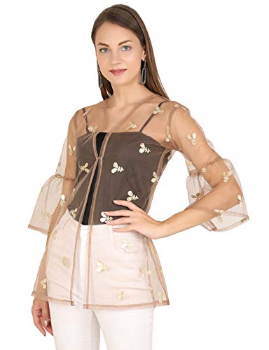 Image of UNFAKENOW Women Floral Embroidered Pearl Embellished Net Shrug