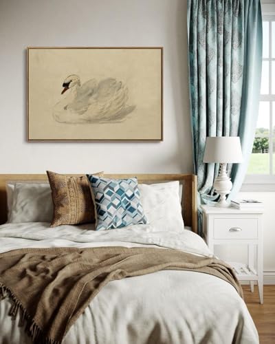 Image of KISSFOX Framed Wall Art Vintage Wall Decor Swan Pictures Retro Animal Canvas Art Rustic Aesthetic Paintings Farmhouse Artwork For Bedroom Living Room Kitchen