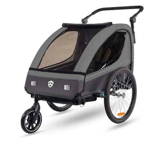 Tiggo VS Kinderanhänger 360° Drehbar mit Federung 2in1 Fahrradanhänger mit Buggy Set Jogger 5-Punkt Gurt Fahrrad Anhänger für 1 bis 2 Kinder max. 40kg (Dunkel Grau)