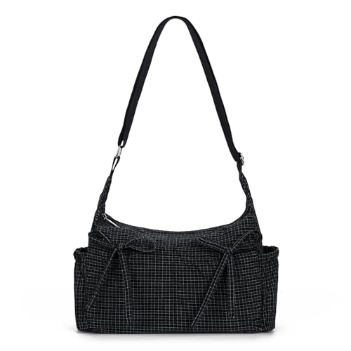CATSEA Plaid Shoulder Bags For Women Bow Crossbody Bag Soft Messenger Purse Zipper Handbag Adjustable Shoulder Straps