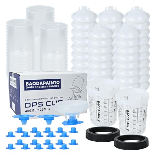 Disposable Paint Cups for Spray Gun, Paint System for HVLP and LVLP Paint Spray Paint Gun, 13 Ounce (400ml) Kit with 50 Cups and Lids System, 2 Hard Cups with Retainer Ring, 20 Plugs, 3 Mixing Sticks