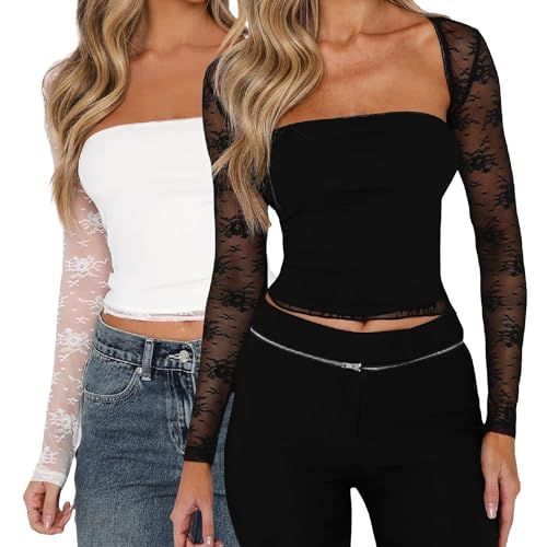 Image of JOKELAMB Women's Lace Mesh Bolero Shrug, Long Sleeve Crop Cardigan | Lace, Long Sleeve, Y2K, Floral,Adds Elegant Arm Coverage for Camisoles Dresses