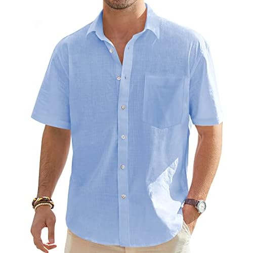 J.VER Men’s Cotton Linen Short Sleeve Shirts Casual Lightweight Button Down Shirts Vacation Beach Summer Tops with Pocket