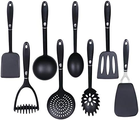 Kitchen Utensil Sets 9 Pieces Cooking Utensils Non Stick Non Scratch Utensil Set with Potato Masher Utensil Rest Kitchen Tool Set Dishwasher Safe, Black