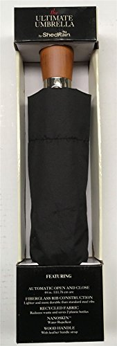 ShedRain Ultimate Umbrella 44” ARC, Auto Open/Close Wood handle, leather handle strap, 759562 (Black)