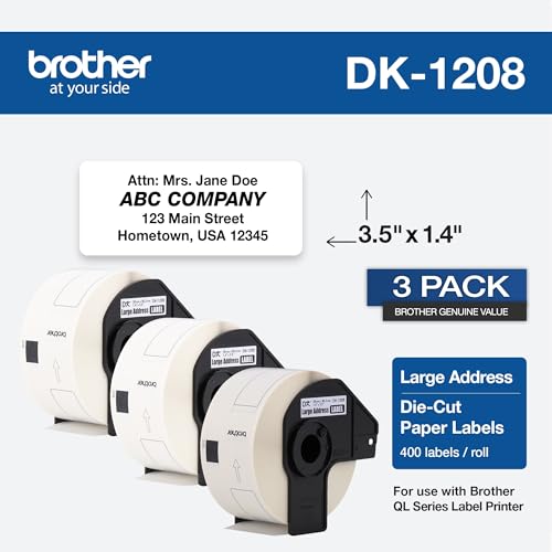 Image of Brother Genuine DK-1208 Die-Cut Large Address Labels, Long Lasting Reliability, Die-Cut Large Address Paper Labels, 400 Labels per Roll, (1) Roll per Box - DK1208, White (DK12083PK)