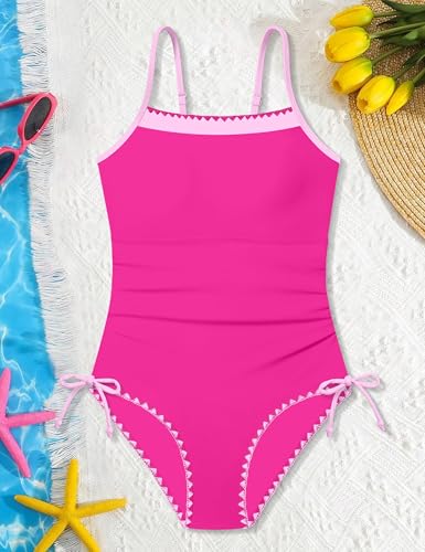 Image of BAVADER Girls Swimsuit One Piece Modest Girls Bathing Suit Solid Square Neck Ruched Adjustable Straps Padded Swimwear 9-16y