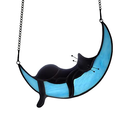 Boxcasa Sleeping Black Cat On Moon Stained Glass Windows Hangings,Handcrafted Stained Glass Cat Suncatchers Decoration,Cat Lovers For Black Cat Halloween Decor #TOP20