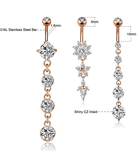 Yovoro 3Pcs 14G 316L Stainless Steel Belly Button Rings For Women Navel Rings Barbell Dangle Flower Cz Body Piercing Rsg #TOP4