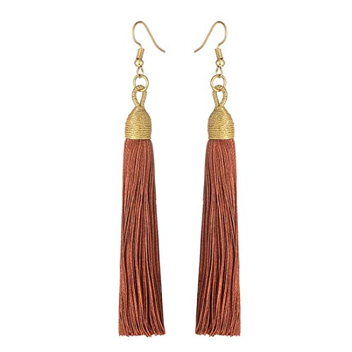 KLFrogPond Boho Thread Long Tassel Dangle Drop Colorful Fringe Earrings Silk Fabric Ethnic Vintage Charms Eardrop (Brown)