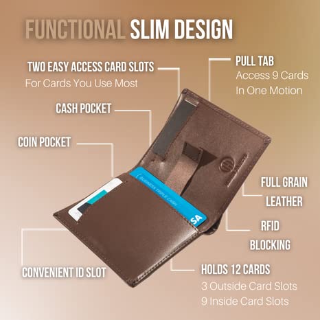 Genuine Leather Mens Slim Wallet - Genuine Leather Bifold RFID Wallet Holds 12 Cards and Lasts for Lifetime - Minimalist Easy Access Wallets for Men (Brown)2