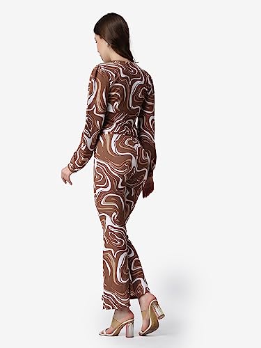 Image of POPWINGS Casual Brown Marble Printed Crop Top and Trouser Set for Women | Co-Ords Set for Women Stylish Western | Full Sleeves V-Neck Crop Top and Bootcut Trouser Set | 2 Piece Set for Women