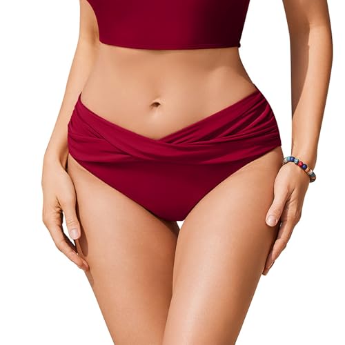 Ekouaer Women's Bikini Bottoms Swim Pants Twist Front Ruched Swimsuit Basic Swimwear Wine Red M
