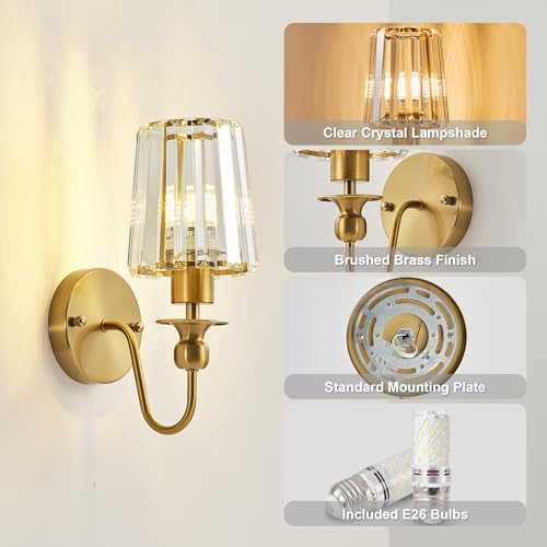 Image of KARTOOSH Hardwired Crystal Wall Sconces Set of 2 | 11.2 Inch Brass Wall Lights Dimmable 3000K Warm White Wall Lamps for Hallway, Bathroom, Living Room, Bedroom