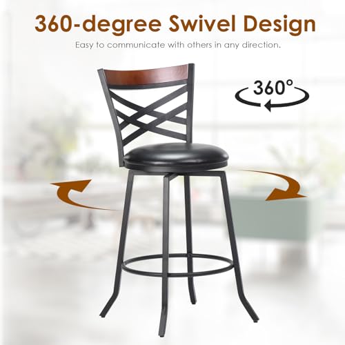 Swivel Bar Stools Set of 2,Mid Century Modern Counter Height Bar Stools,Counter Stools for Kitchen Counter Height Chairs with Back Faux Leather Barstools for Kitchen Island Bar Stools,350lb,Black