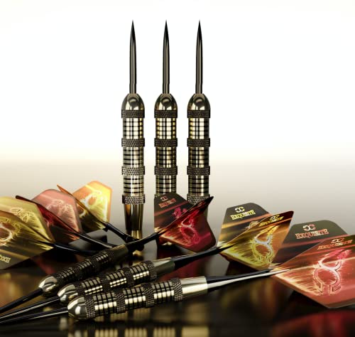 CC-Exquisite Professional Darts Set - 6 Steel Tip Darts Complete with 12 Dart Flights and 12 Aluminum Shafts Customizable Configuration, 12 O-Rings, Tool, Sharpener and Case for Man Cave & Game Room