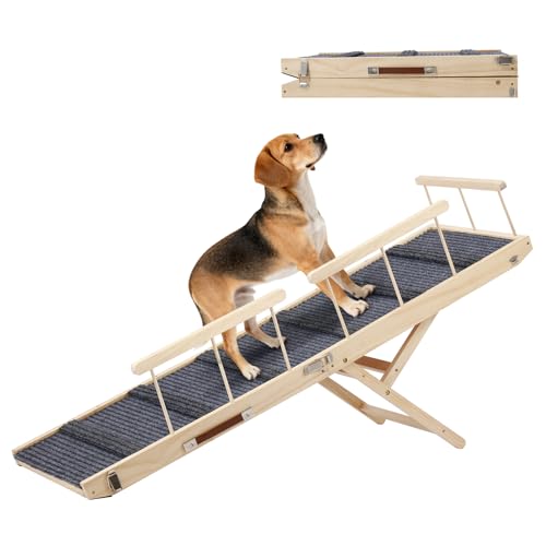 Pet Ramp for Bed with Rails, Wooden Dog Ramps with Anti-Slip Rubber Mat & Safety Side Rails Foldable Dog Step Adjustable 15.75"-27.56" for Small, Medium, Large & Senior Dogs