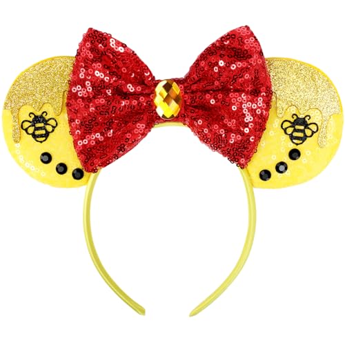 UNSPAZ Mouse Ears Headband, Winnie Ears for Women Adult Kids, Sequin Headband Park Ears Trips Party Cosplay Costumes Accessories