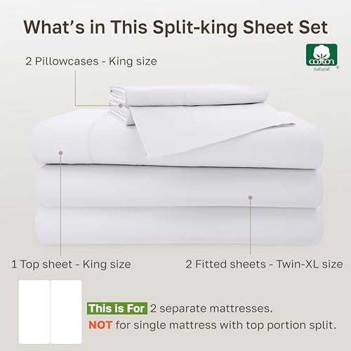Image of California Design Den Split King Size Sheet Set - 100% Cotton, 500 Thread Count Sateen, Deep Pocket Bedding for Adjustable Bed, Includes Twin-XL Fitted Elastic Sheets & Pillowcases - White