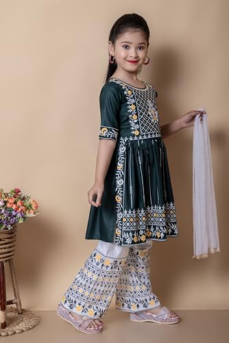 Image of New Badshah Dressesn Indian Ethnic Kids Girls Kurta Straight Pant with Silky Dupatta Dress Set, Cotton Rayon Fabric