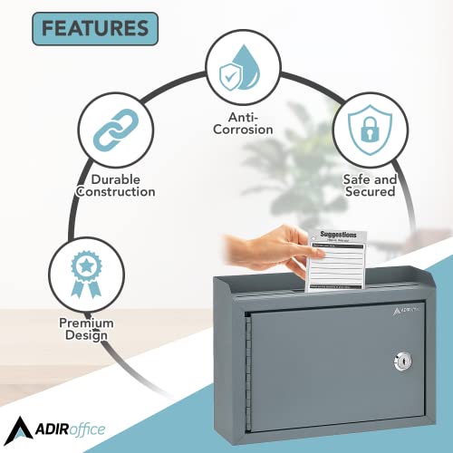 Adircorp. Wall Mountable Steel Suggestion Box With Lock - Donation Box - Collection Box - Ballot Box - Key Drop Box - 9.75X7X3 - Gray #TOP6