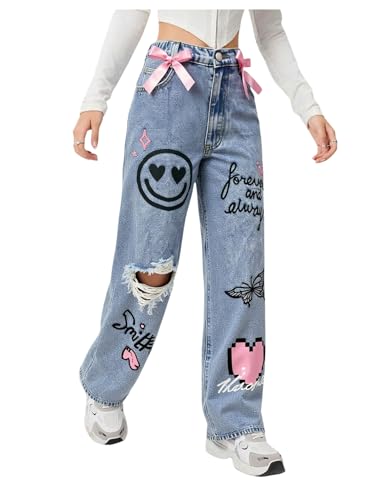 MakeMeChic Girl's Denim Pants Cowgirl Chic Heart Print Bow Ripped Cute Jeans with Pocket