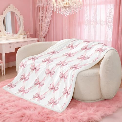 Image of Manfei Pink Bowknot Flannel Blanket Dreamy Princess Style Kids Girls Fleece Throw Blanket for Room Decor,Watercolor Bow Geometric Grids White Bed Blanket for Bed Sofa Couch,Baby 30"x40"