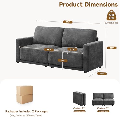 Image of 77.4 inch Chenille Modular Loveseat Oversized Upholstered 2 Seater Sectional Sofa with Thickened Cushions, Easy Assembly, Modern Comfy Love Seat Couch for Living Room, Grey